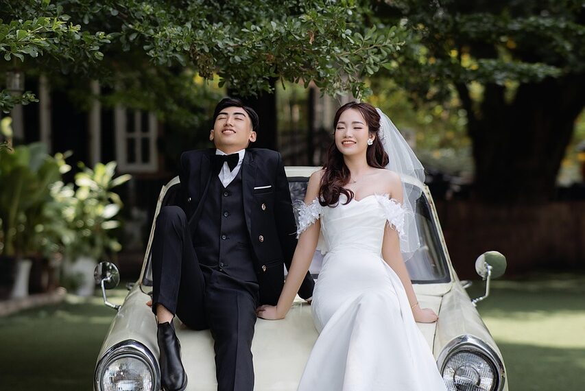 wedding, car wallpapers, couple, newlyweds, car, vehicle, outdoors, bride, groom, wedding dress